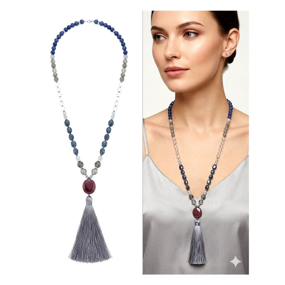 LOFT Blue & Grey Beaded Long Statement Necklace with Oversized Tassel Pendant
